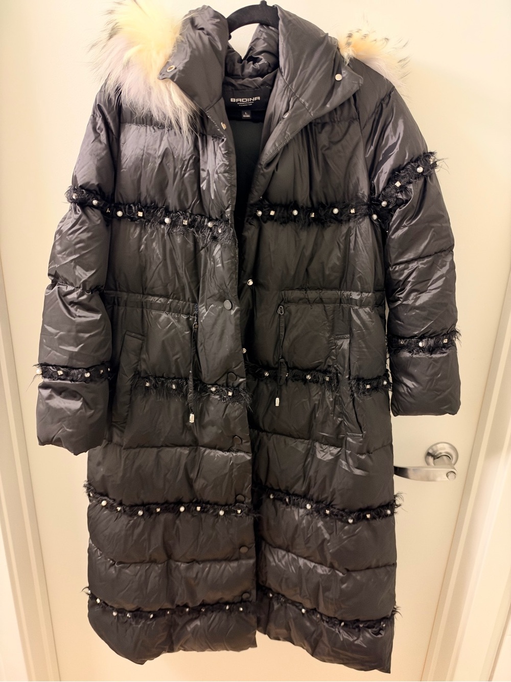 Black Long Quilted Down Coat with Faux Fur Trim